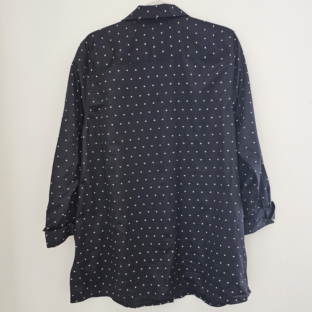 Chicos Navy Button-Front Tunic Shirt with Micro Heart Print No Iron Cotton XL - Picture 6 of 10